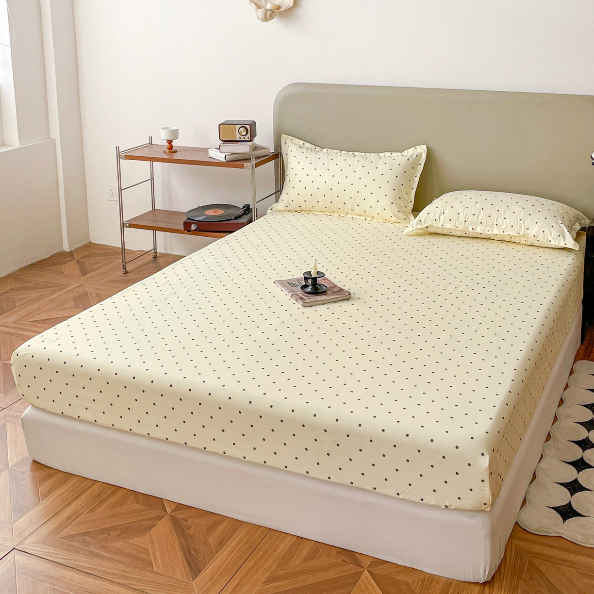 91家纺网 家纺一手货源 找家纺 楠沐家纺 2026新款无印风单层床笠床垫保护套 粉色波点