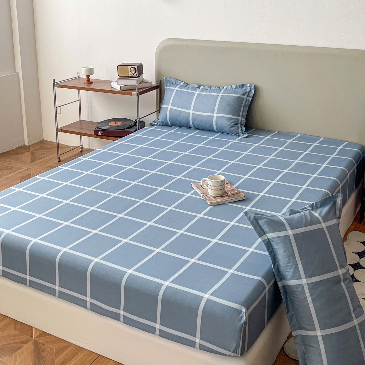 91家纺网 家纺一手货源 找家纺 楠沐家纺 2026新款无印风单层床笠床垫保护套 海蓝大格
