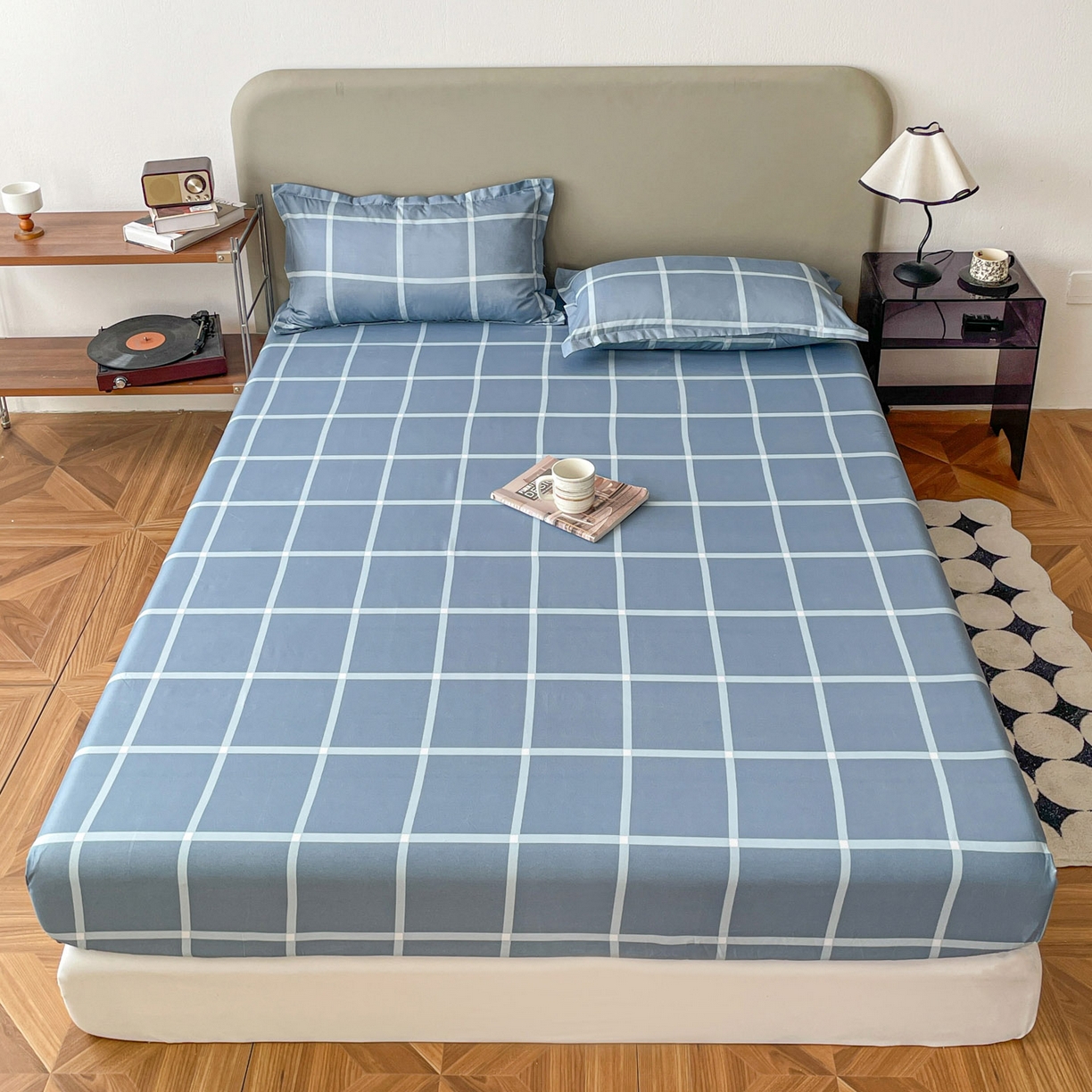 91家纺网 家纺一手货源 找家纺 楠沐家纺 2026新款无印风单层床笠床垫保护套 海蓝大格
