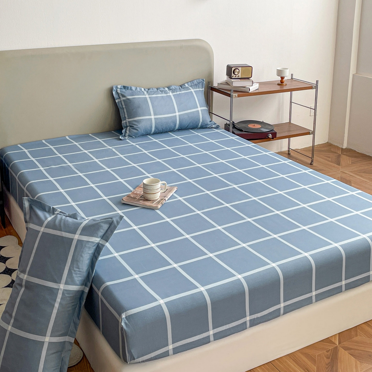 91家纺网 家纺一手货源 找家纺 楠沐家纺 2026新款无印风单层床笠床垫保护套 海蓝大格