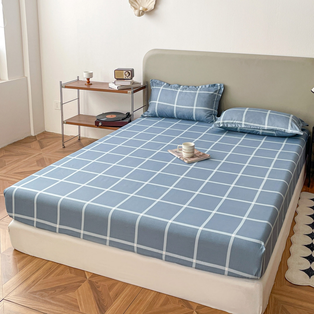 91家纺网 家纺一手货源 找家纺 楠沐家纺 2026新款无印风单层床笠床垫保护套 海蓝大格