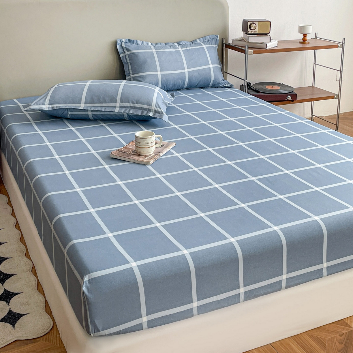 91家纺网 家纺一手货源 找家纺 楠沐家纺 2026新款无印风单层床笠床垫保护套 海蓝大格