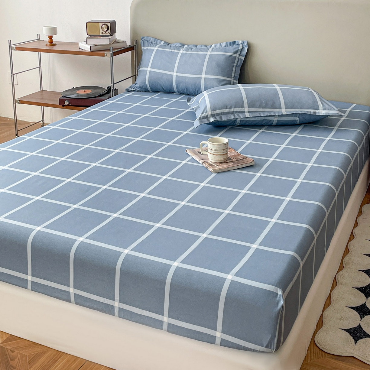 91家纺网 家纺一手货源 找家纺 楠沐家纺 2026新款无印风单层床笠床垫保护套 海蓝大格