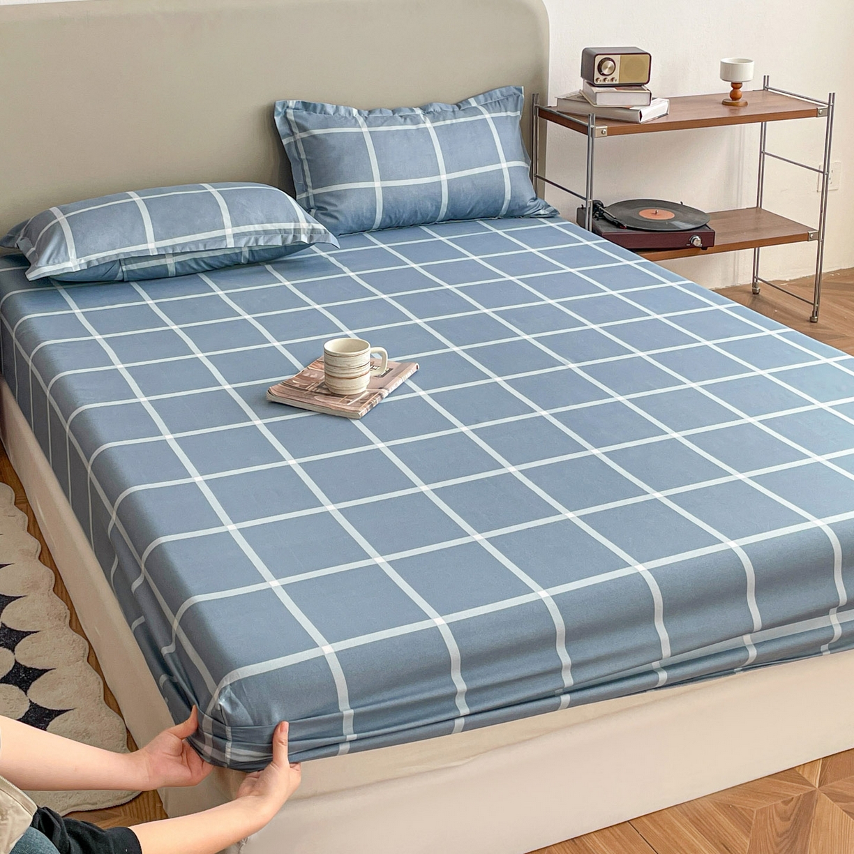 91家纺网 家纺一手货源 找家纺 楠沐家纺 2026新款无印风单层床笠床垫保护套 海蓝大格