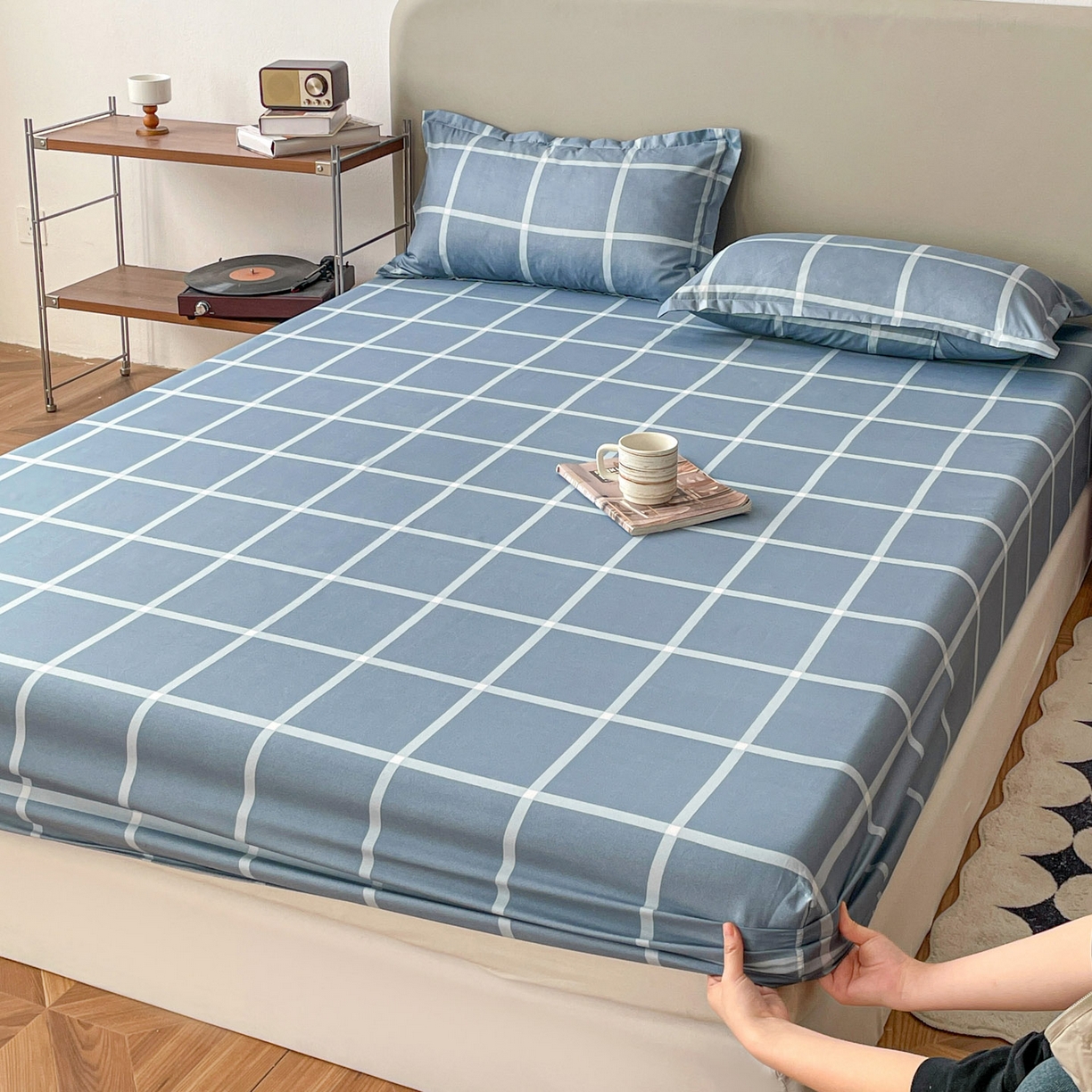 91家纺网 家纺一手货源 找家纺 楠沐家纺 2026新款无印风单层床笠床垫保护套 海蓝大格