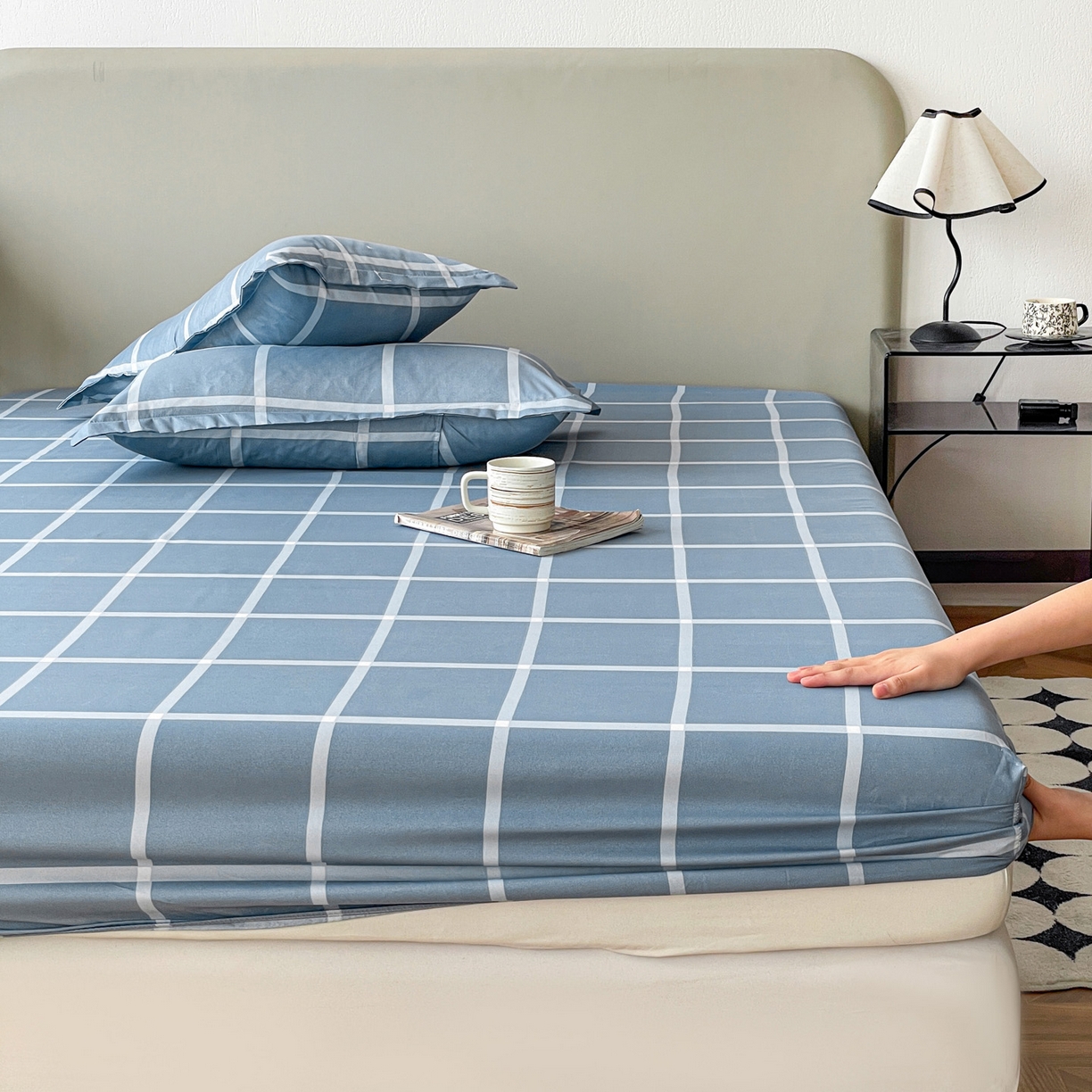 91家纺网 家纺一手货源 找家纺 楠沐家纺 2026新款无印风单层床笠床垫保护套 海蓝大格
