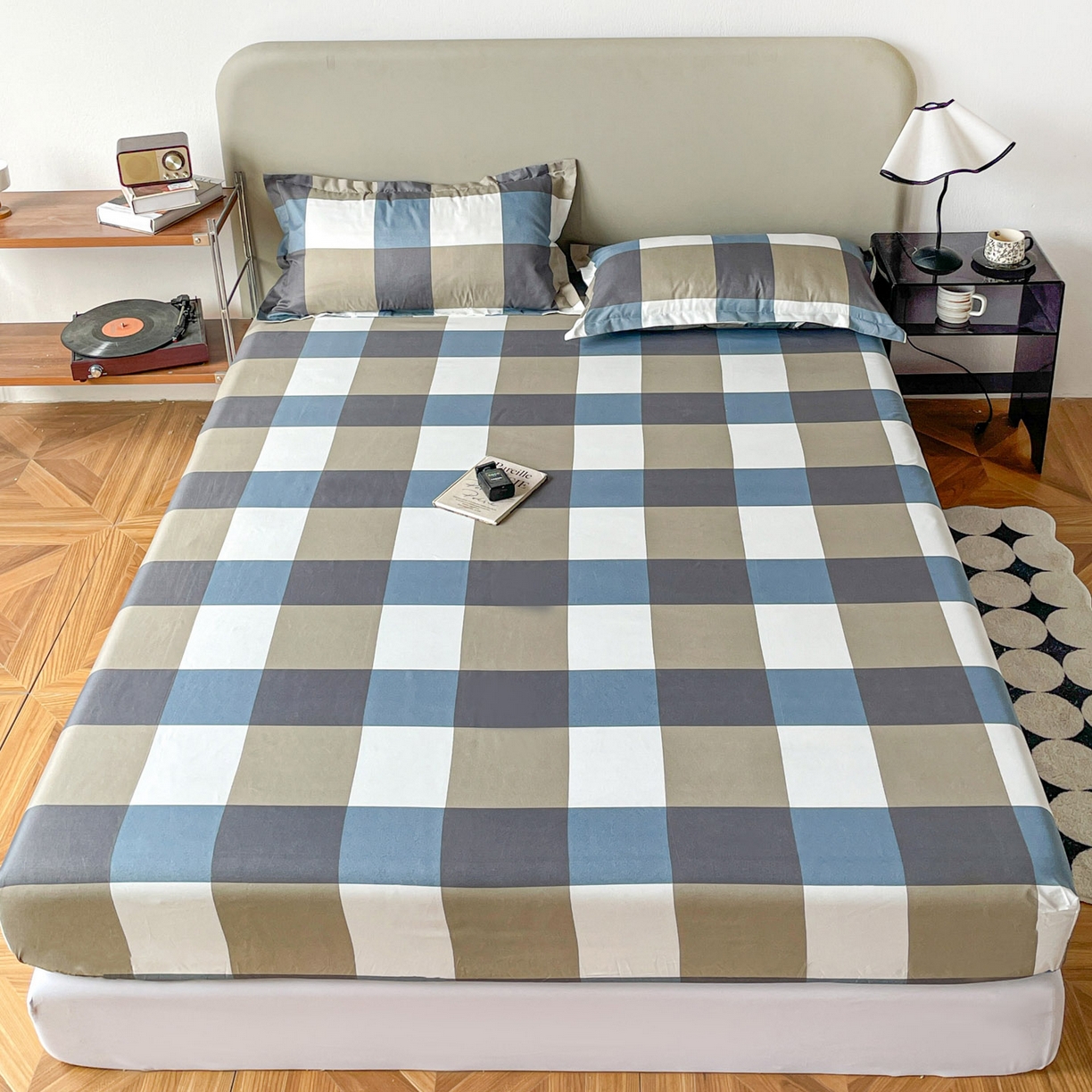 91家纺网 家纺一手货源 找家纺 楠沐家纺 2026新款无印风单层床笠床垫保护套 蓝大格