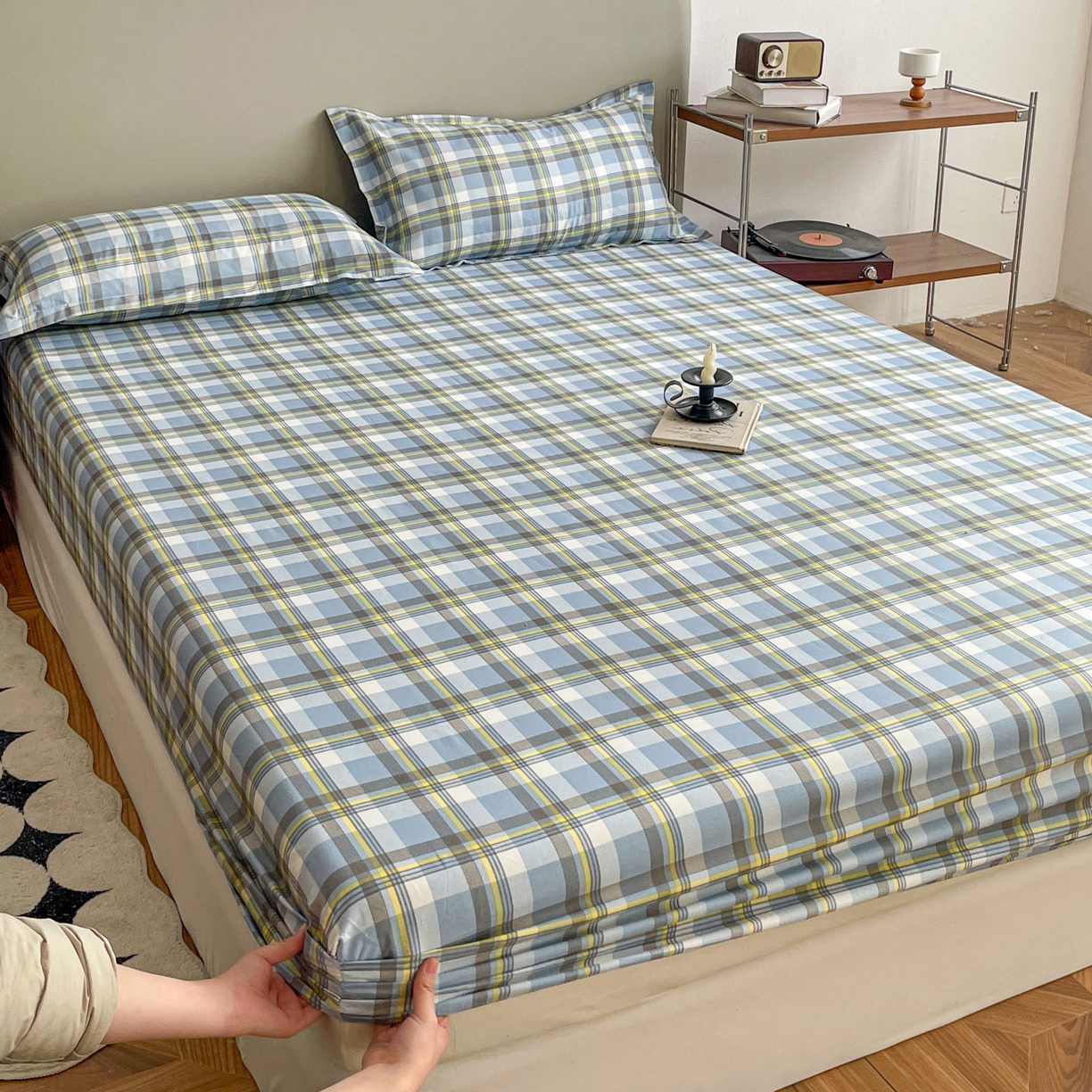 91家纺网 家纺一手货源 找家纺 楠沐家纺 2026新款无印风单层床笠床垫保护套 炫彩蓝格