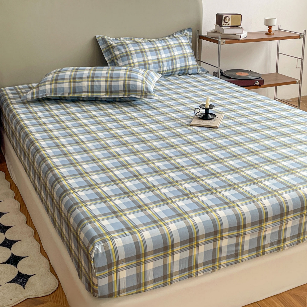 91家纺网 家纺一手货源 找家纺 楠沐家纺 2026新款无印风单层床笠床垫保护套 炫彩蓝格