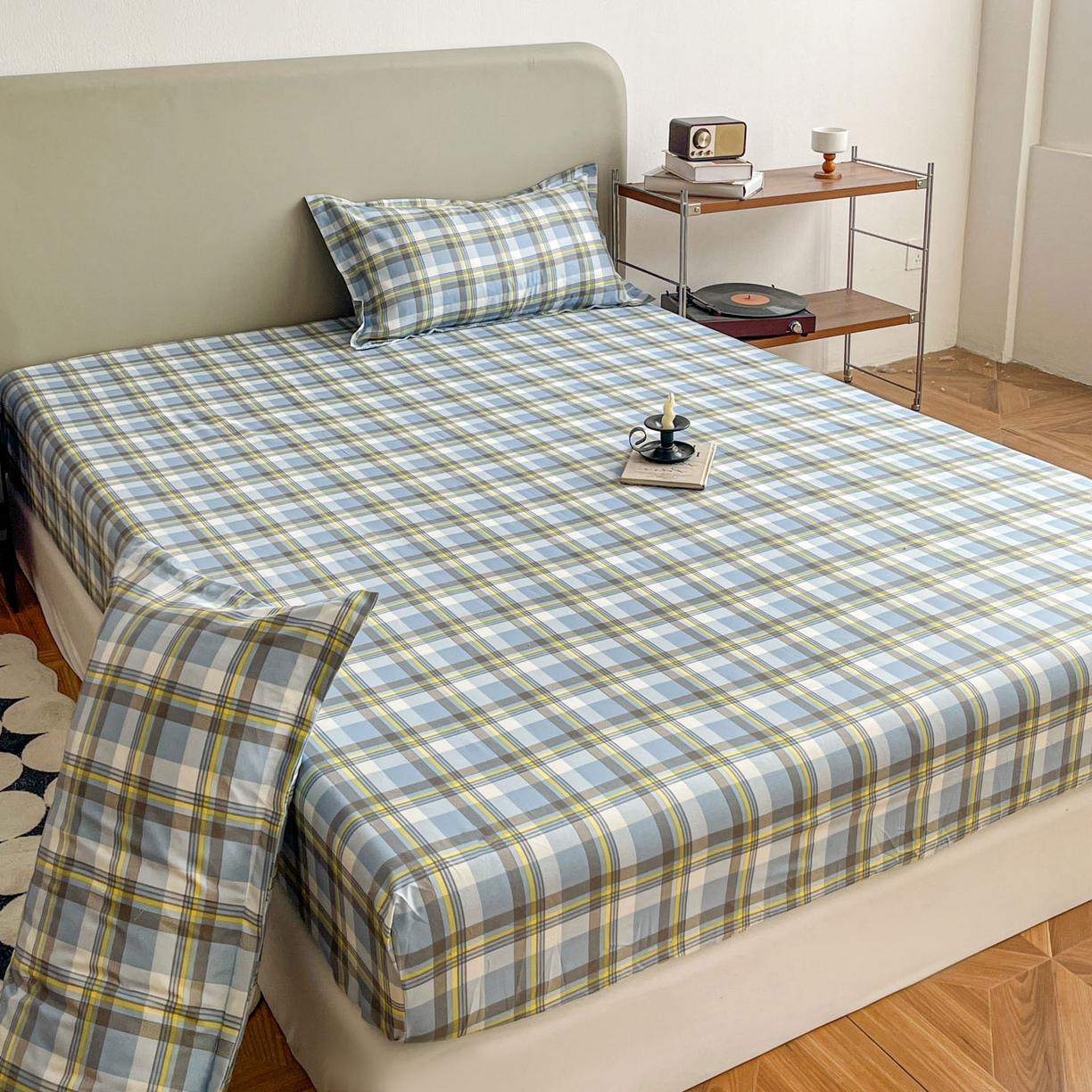 91家纺网 家纺一手货源 找家纺 楠沐家纺 2026新款无印风单层床笠床垫保护套 炫彩蓝格