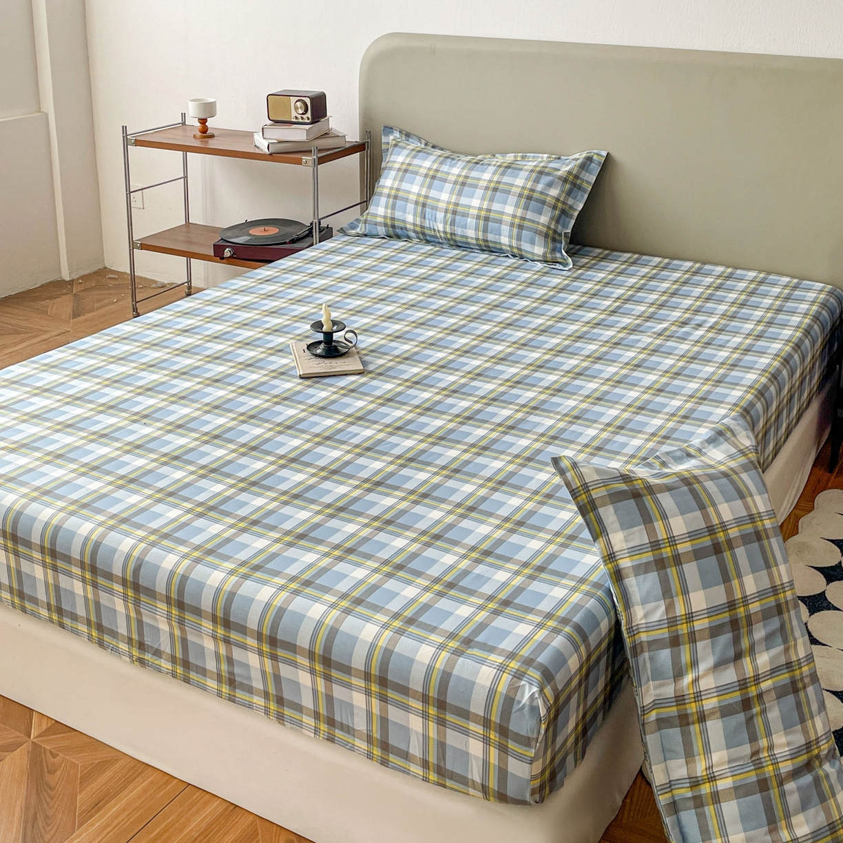 91家纺网 家纺一手货源 找家纺 楠沐家纺 2026新款无印风单层床笠床垫保护套 炫彩蓝格