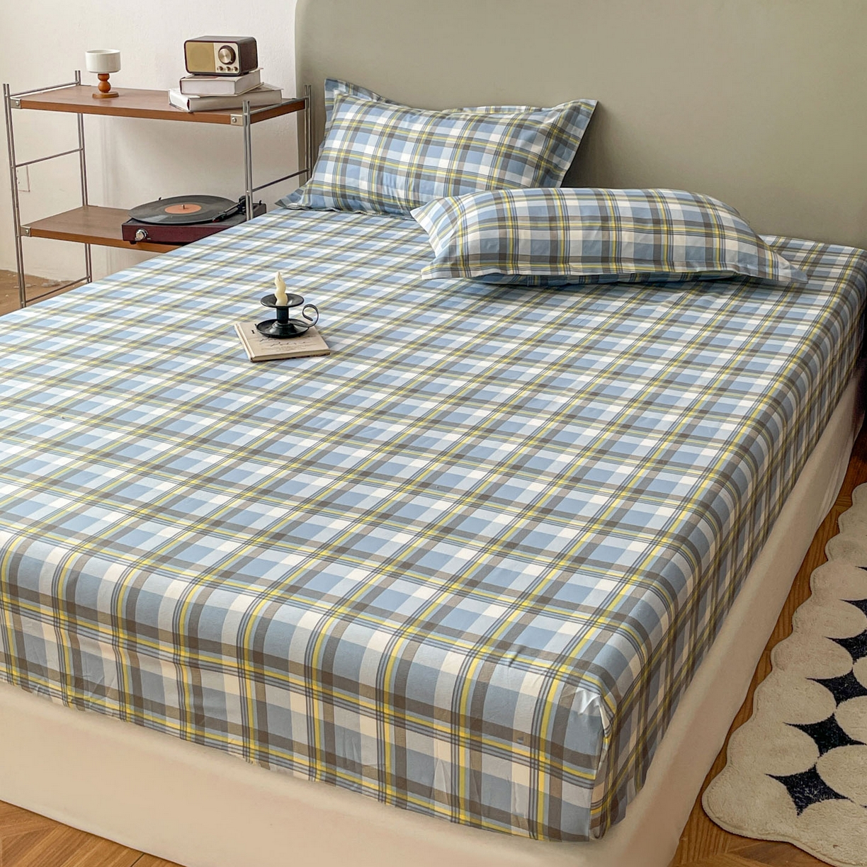 91家纺网 家纺一手货源 找家纺 楠沐家纺 2026新款无印风单层床笠床垫保护套 炫彩蓝格