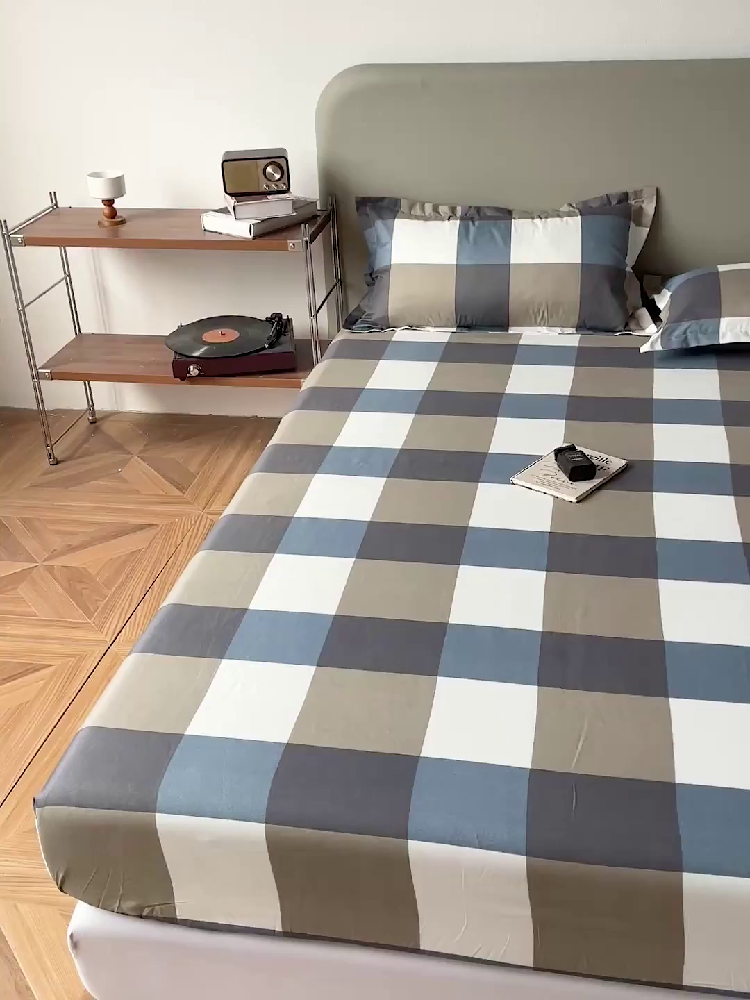 91家纺网 家纺一手货源 找家纺 楠沐家纺 2026新款无印风单层床笠床垫保护套 蓝大格