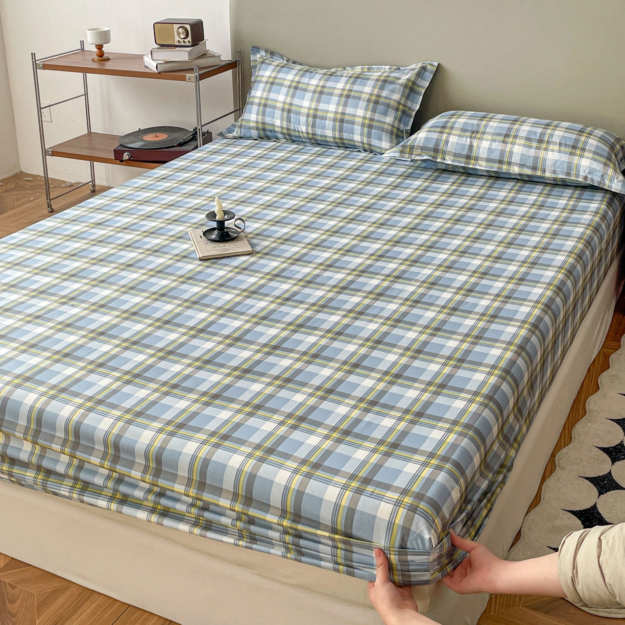 91家纺网 家纺一手货源 找家纺 楠沐家纺 2026新款无印风单层床笠床垫保护套 炫彩蓝格