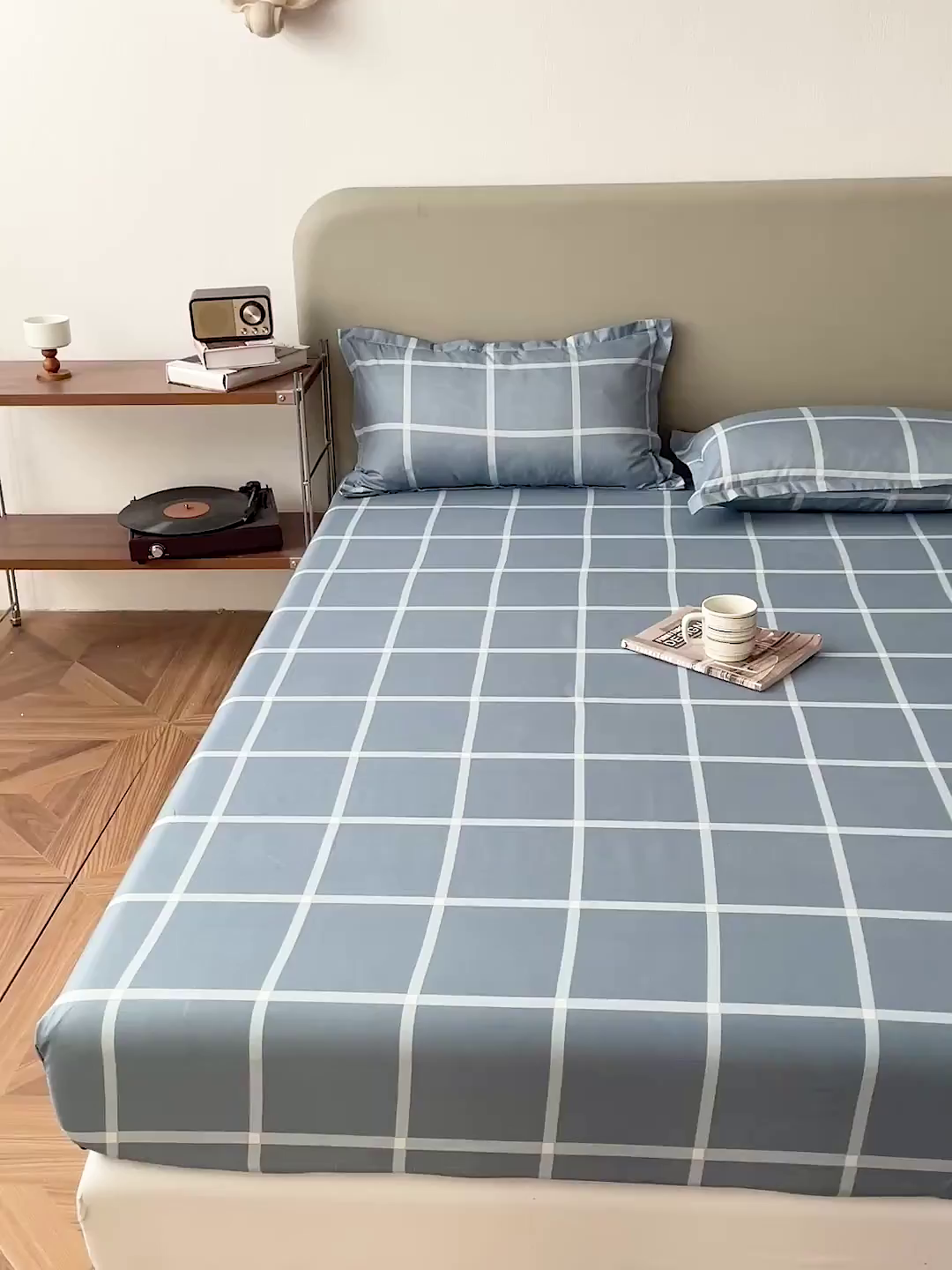 91家纺网 家纺一手货源 找家纺 楠沐家纺 2026新款无印风单层床笠床垫保护套 海蓝大格