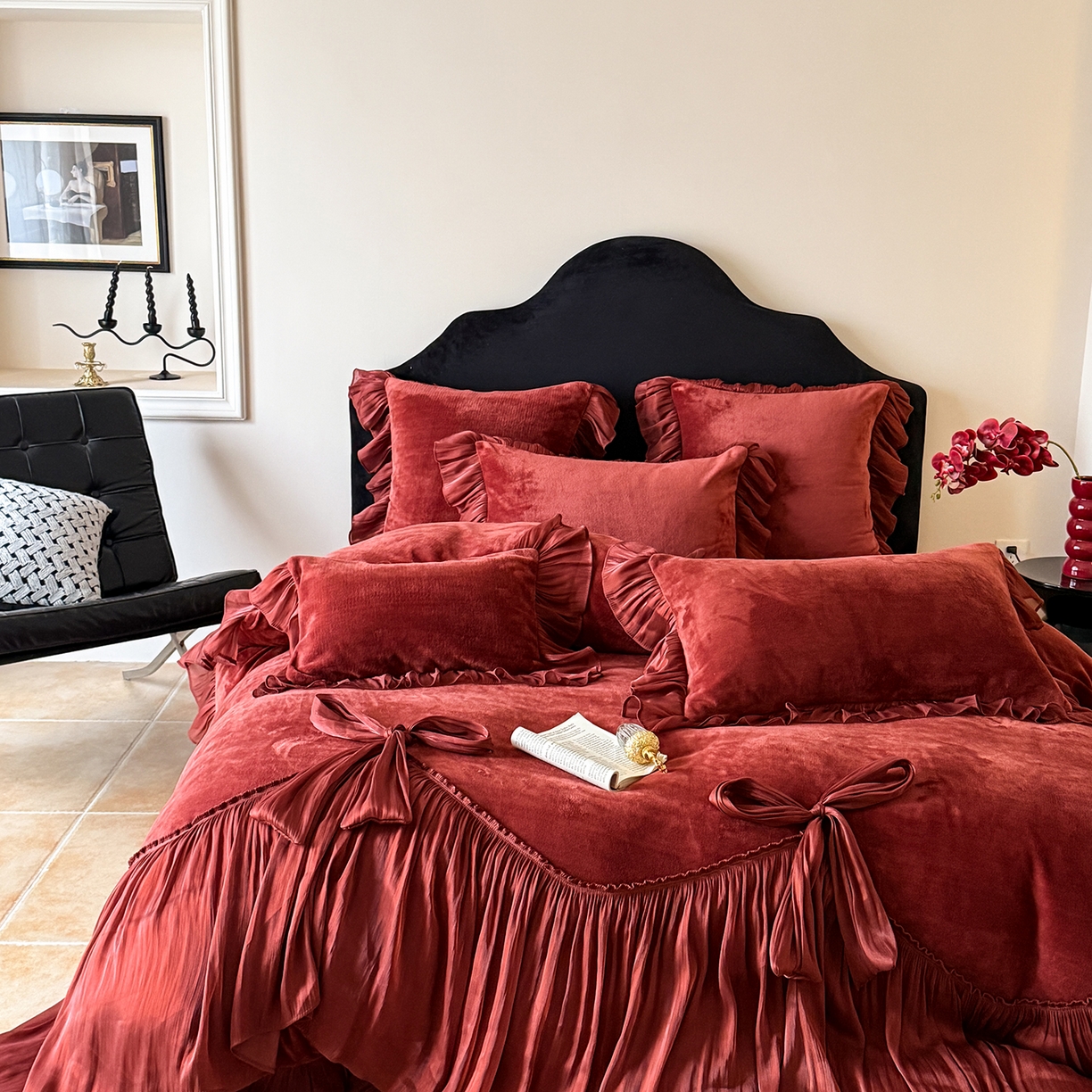 91家纺网 家纺一手货源 找家纺 吾欢心 2026秋冬新款公主风加厚高克重全消光婴儿绒四件套爱莉丝系列新年安可拉红 爱莉丝安可拉红