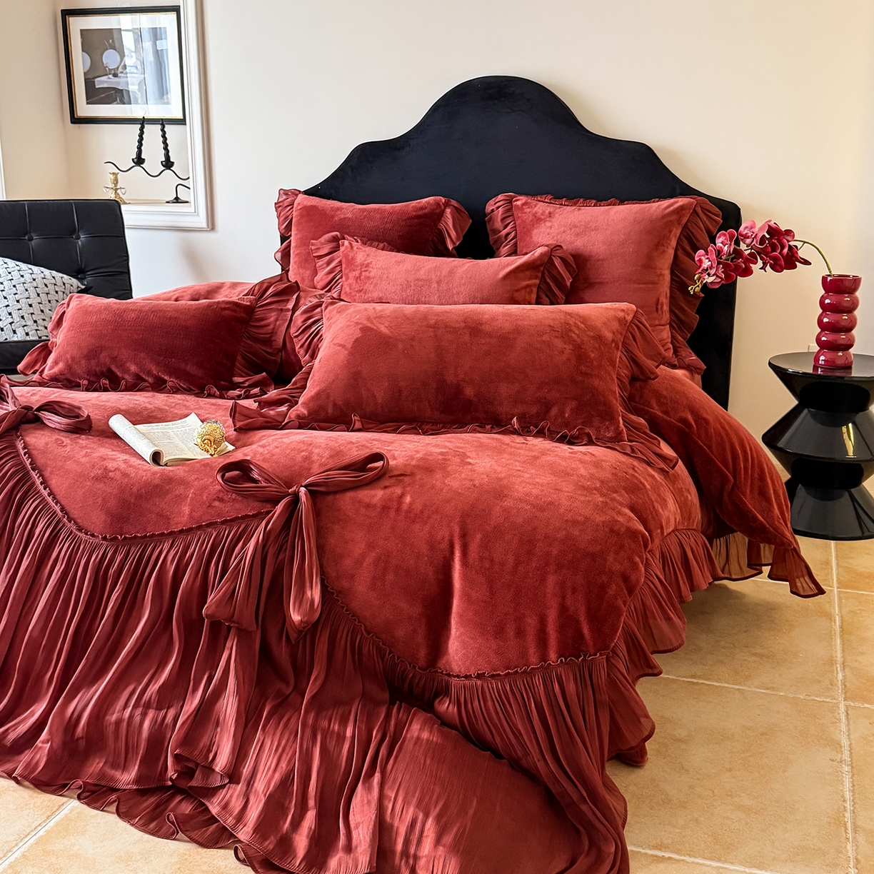 91家纺网 家纺一手货源 找家纺 吾欢心 2026秋冬新款公主风加厚高克重全消光婴儿绒四件套爱莉丝系列新年安可拉红 爱莉丝安可拉红