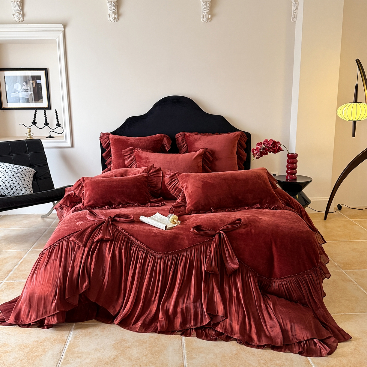 91家纺网 家纺一手货源 找家纺 （总）吾欢心 2026秋冬新款公主风加厚高克重全消光婴儿绒四件套爱莉丝系列新年安可拉红