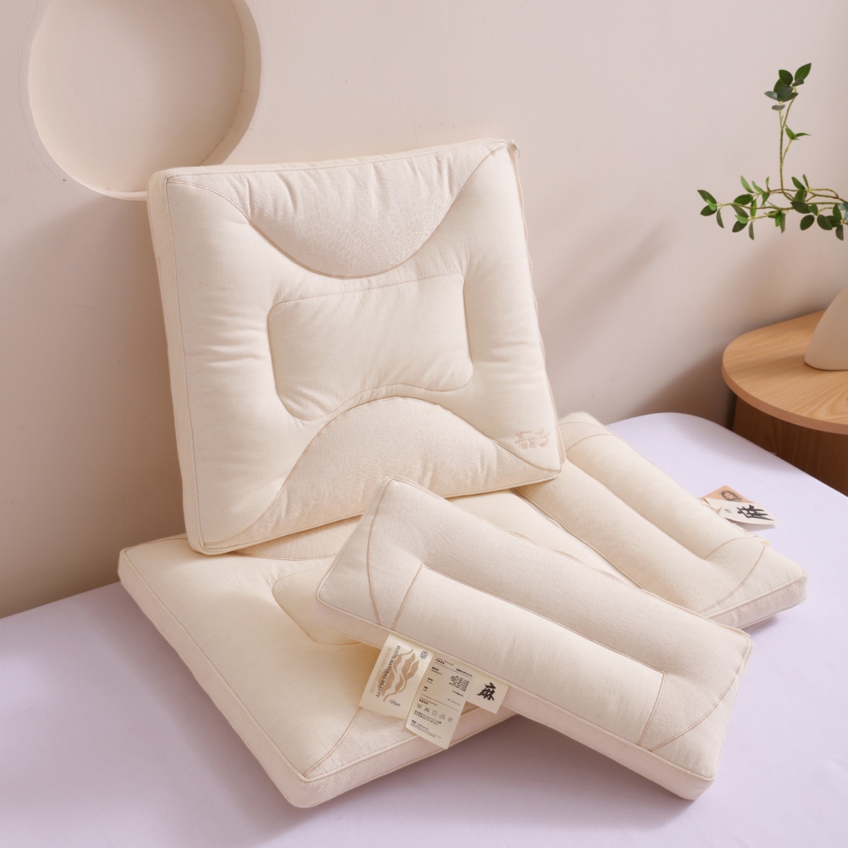 91家纺网 家纺一手货源 找家纺 （总）yyds网供 2025新款朝颜织梦双生护颈枕芯亲肤层纯棉亚麻面料可拆卸子母全棉麻枕头枕芯