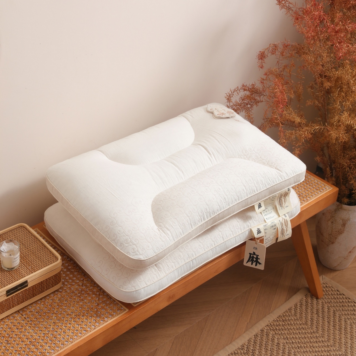 91家纺网 家纺一手货源 找家纺 （总）yyds网供 2025新款双禄承云枕头全棉麻整头纯棉亚麻功能枕芯刺绣可拆卸葫芦香包枕头枕芯