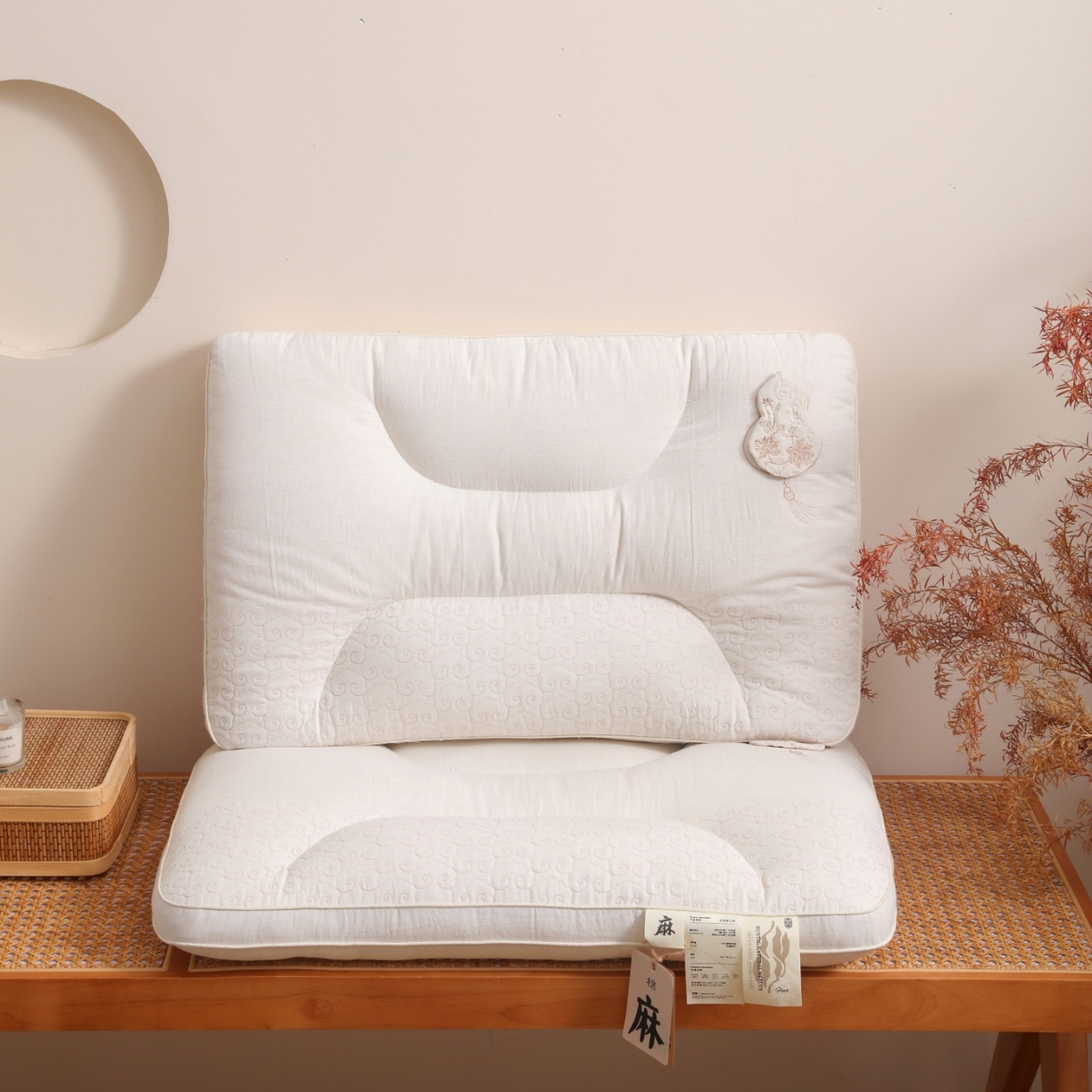 91家纺网 家纺一手货源 找家纺 （总）yyds网供 2025新款双禄承云枕头全棉麻整头纯棉亚麻功能枕芯刺绣可拆卸葫芦香包枕头枕芯