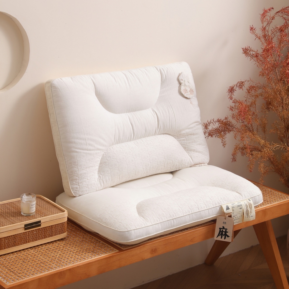 91家纺网 家纺一手货源 找家纺 （总）yyds网供 2025新款双禄承云枕头全棉麻整头纯棉亚麻功能枕芯刺绣可拆卸葫芦香包枕头枕芯