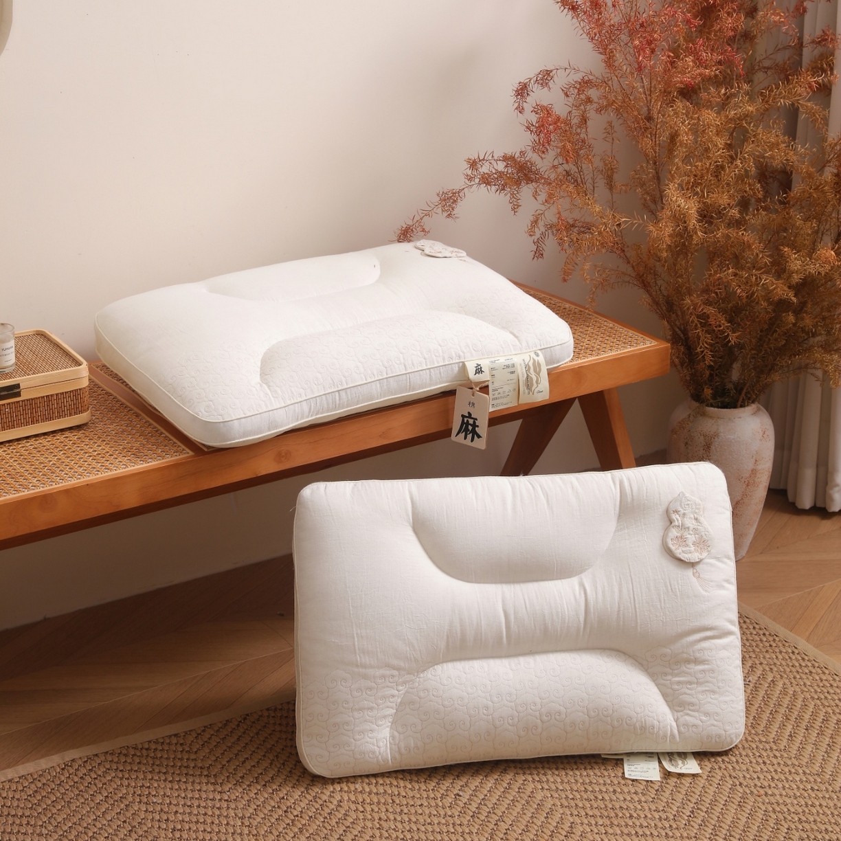 91家纺网 家纺一手货源 找家纺 （总）yyds网供 2025新款双禄承云枕头全棉麻整头纯棉亚麻功能枕芯刺绣可拆卸葫芦香包枕头枕芯