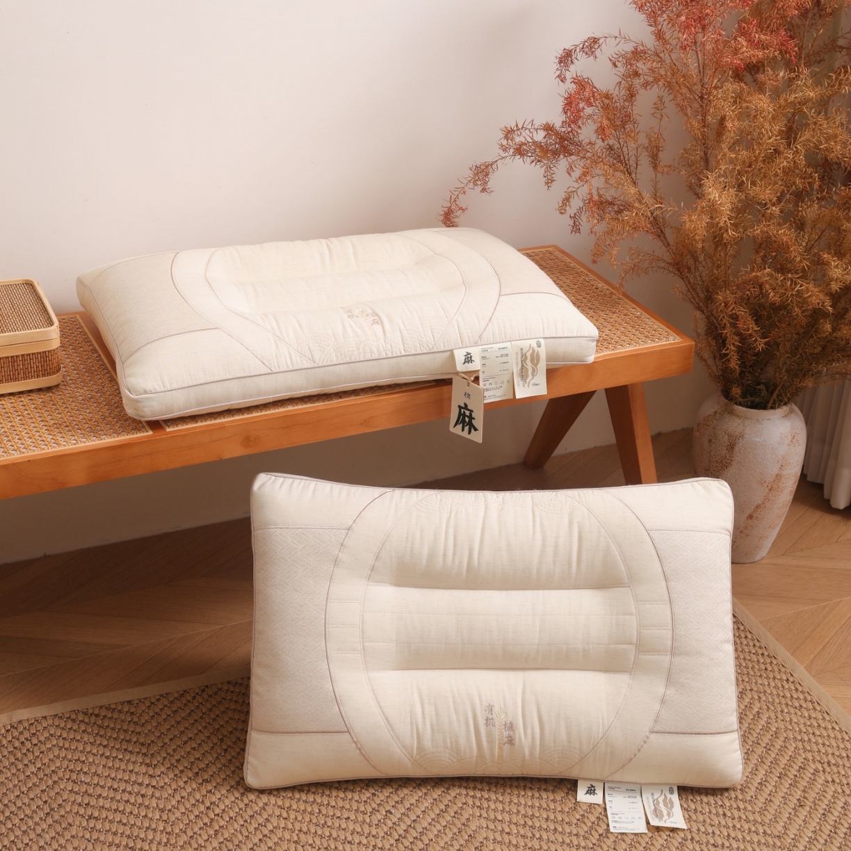 91家纺网 家纺一手货源 找家纺 （总）yyds网供 2025新款有机植麻枕护颈枕芯全棉麻面料天然透气纯棉亚麻刺绣枕头枕芯