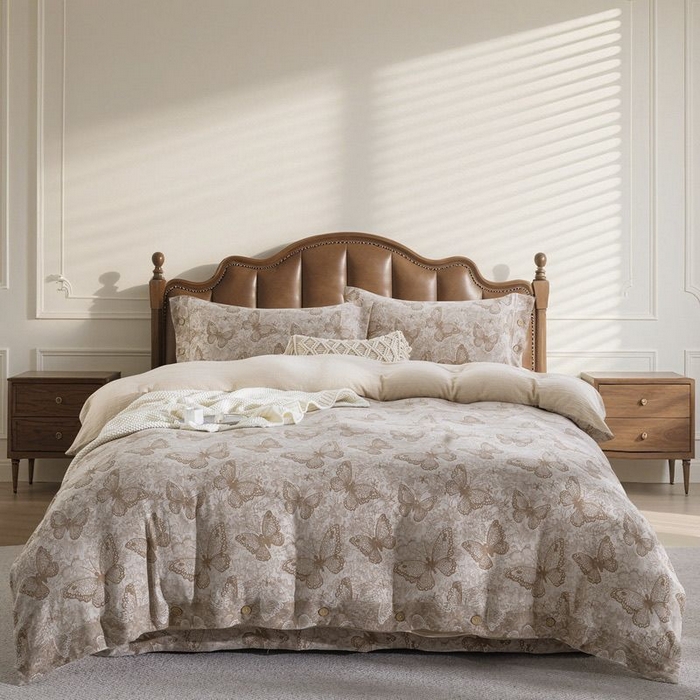 91家纺网 家纺一手货源 找家纺 （总）仰望棉麻双层纱供应链 2025新款全棉纯棉色织提花纽扣款四件套-蝶恋