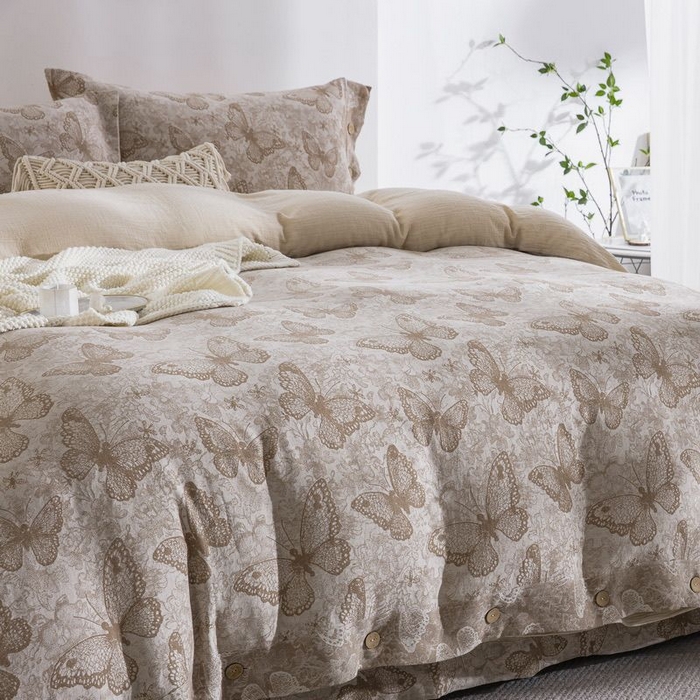 91家纺网 家纺一手货源 找家纺 （总）仰望棉麻双层纱供应链 2025新款全棉纯棉色织提花纽扣款四件套-蝶恋