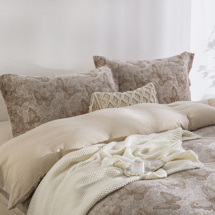 91家纺网 家纺一手货源 找家纺 （总）仰望棉麻双层纱供应链 2025新款全棉纯棉色织提花纽扣款四件套-蝶恋