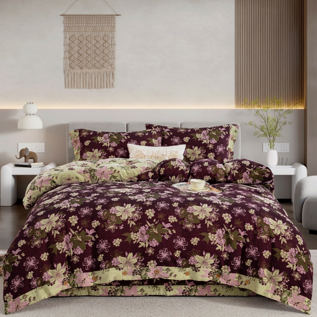 91家纺网 家纺一手货源 找家纺 （总）仰望棉麻双层纱供应链 2025新款全棉纯棉色织提花纽扣款四件套-百合颂