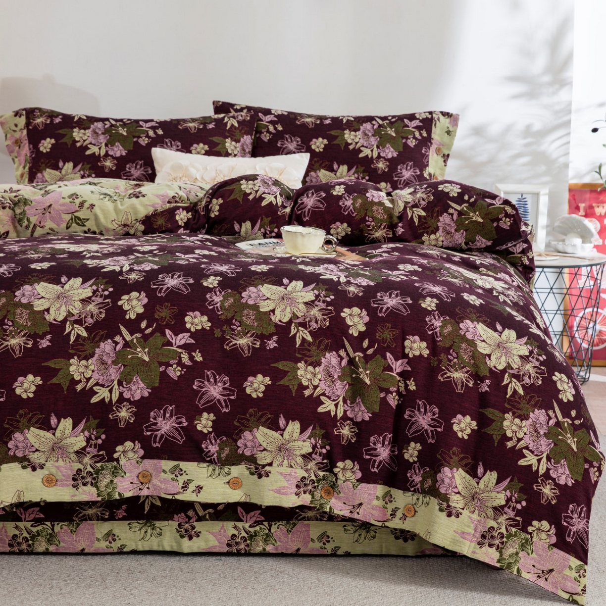 91家纺网 家纺一手货源 找家纺 （总）仰望棉麻双层纱供应链 2025新款墨染朱华AA版拉链款全棉色织提花双层纱四件套