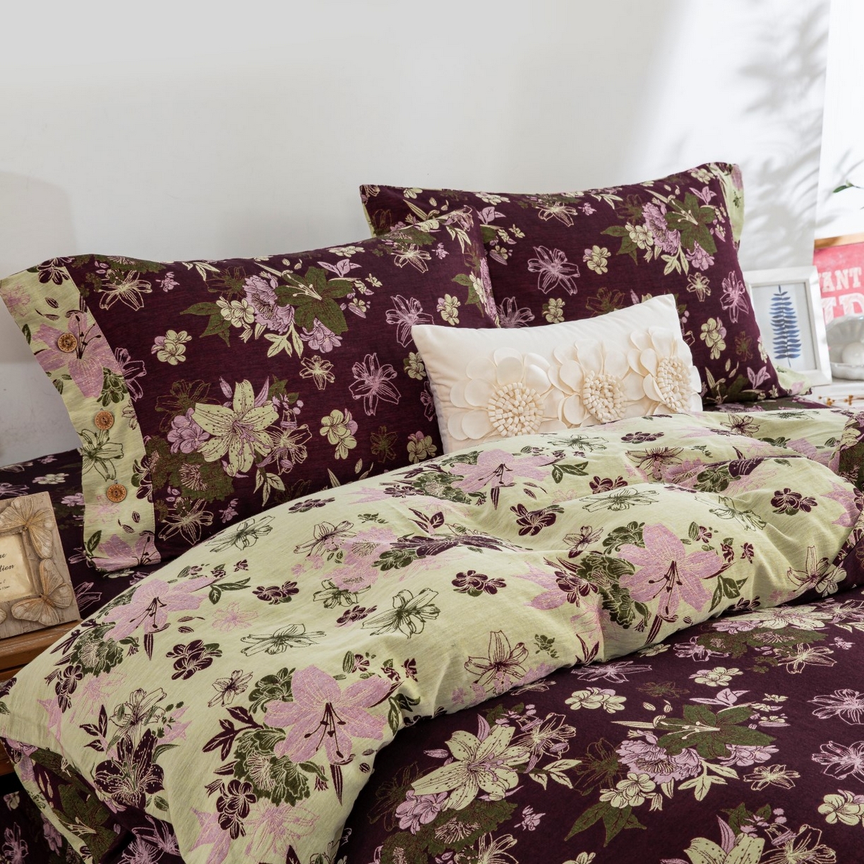 91家纺网 家纺一手货源 找家纺 （总）仰望棉麻双层纱供应链 2025新款全棉纯棉色织提花纽扣款四件套-百合颂