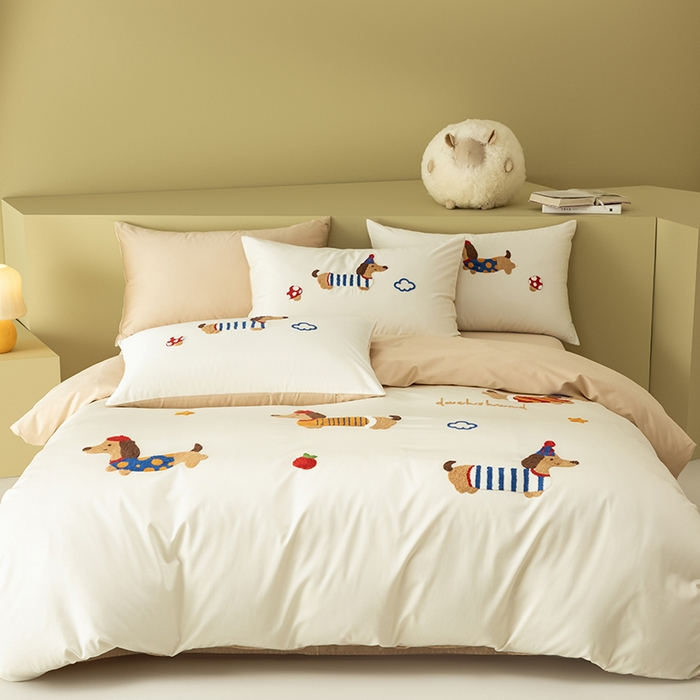 618家纺 2026新款A类100支全棉纯棉毛巾绣花四件套-腊肠狗系列 腊肠狗-卡其