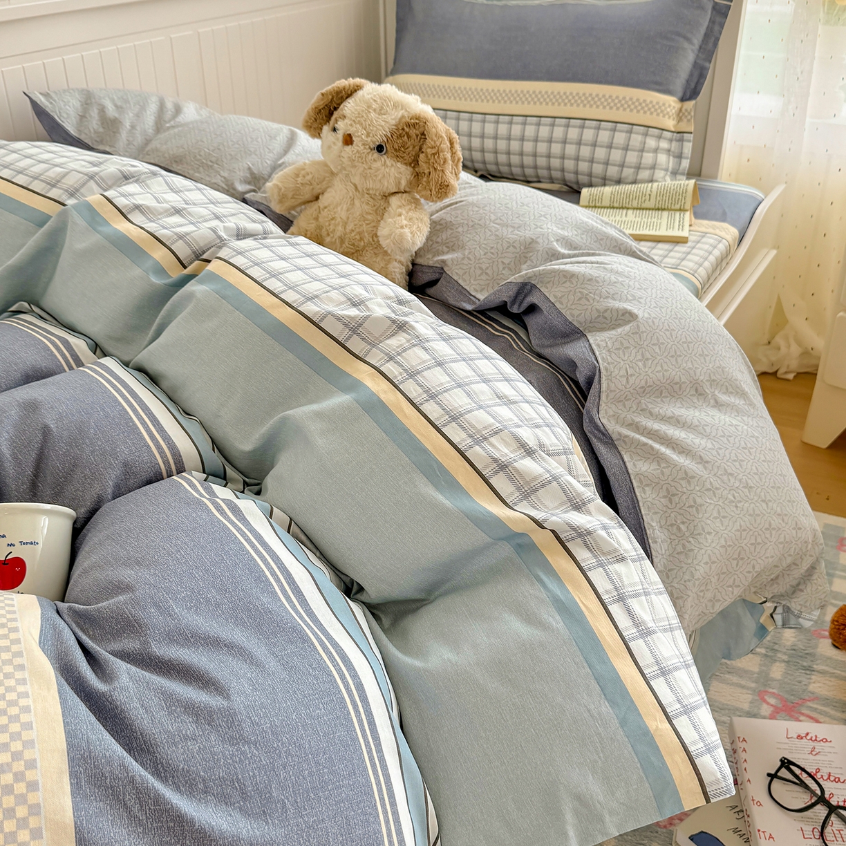 91家纺网 家纺一手货源 找家纺 尚帛 2026新款全棉品质喷气印花爆款四件套 多规格套件 单品系列-四件套学生款 爱之艺术-灰