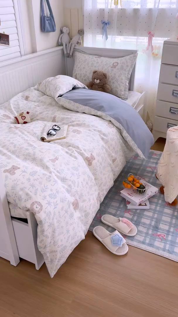 91家纺网 家纺一手货源 找家纺 尚帛 2026新款全棉品质喷气印花爆款四件套 多规格套件 单品系列-四件套学生款 森林小镇-兰