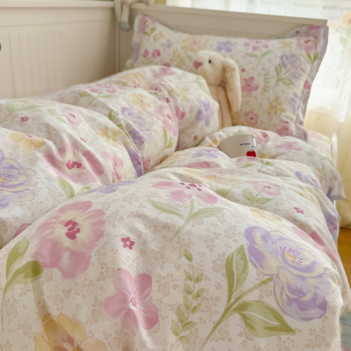 91家纺网 家纺一手货源 找家纺 尚帛 2026新款全棉品质喷气印花爆款四件套 多规格套件 单品系列-四件套学生款 甜心花朵