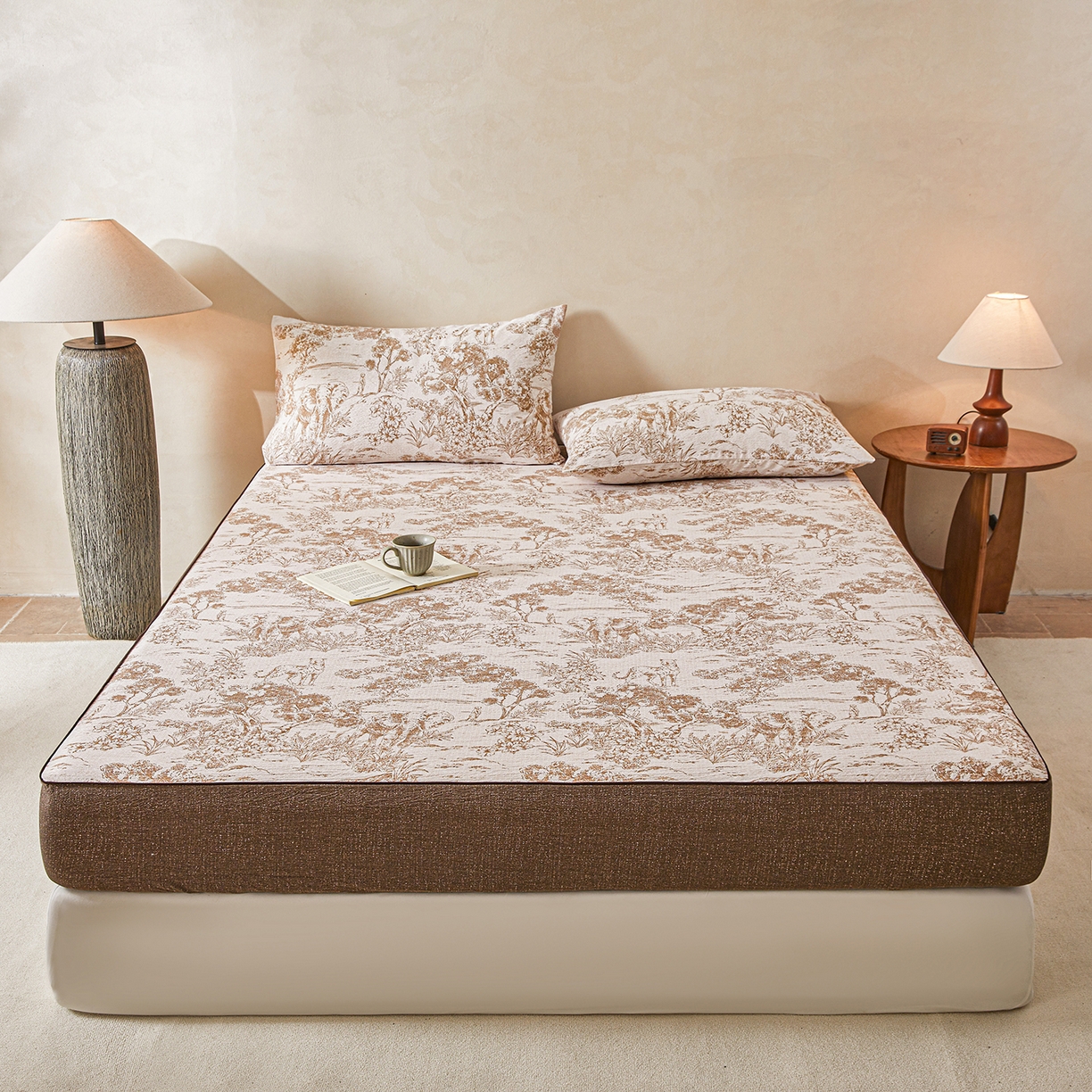 91家纺网 家纺一手货源 找家纺 笠裙家纺 2026新款云感水洗棉印花单床笠床笠单件 茶巷