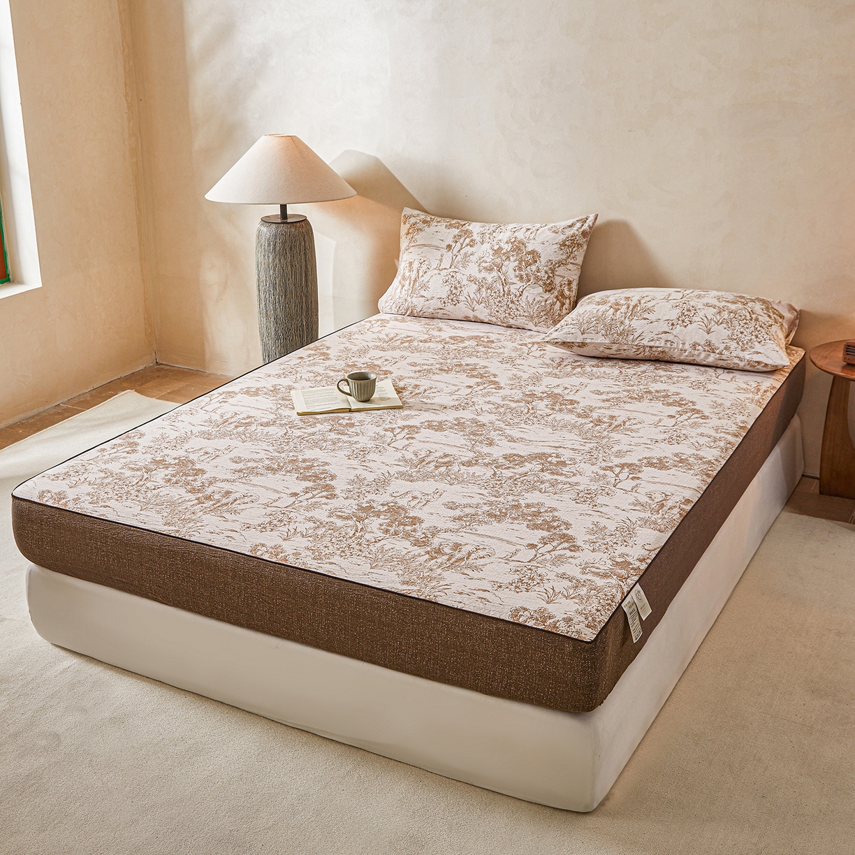 91家纺网 家纺一手货源 找家纺 笠裙家纺 2026新款云感水洗棉印花单床笠床笠单件 茶巷