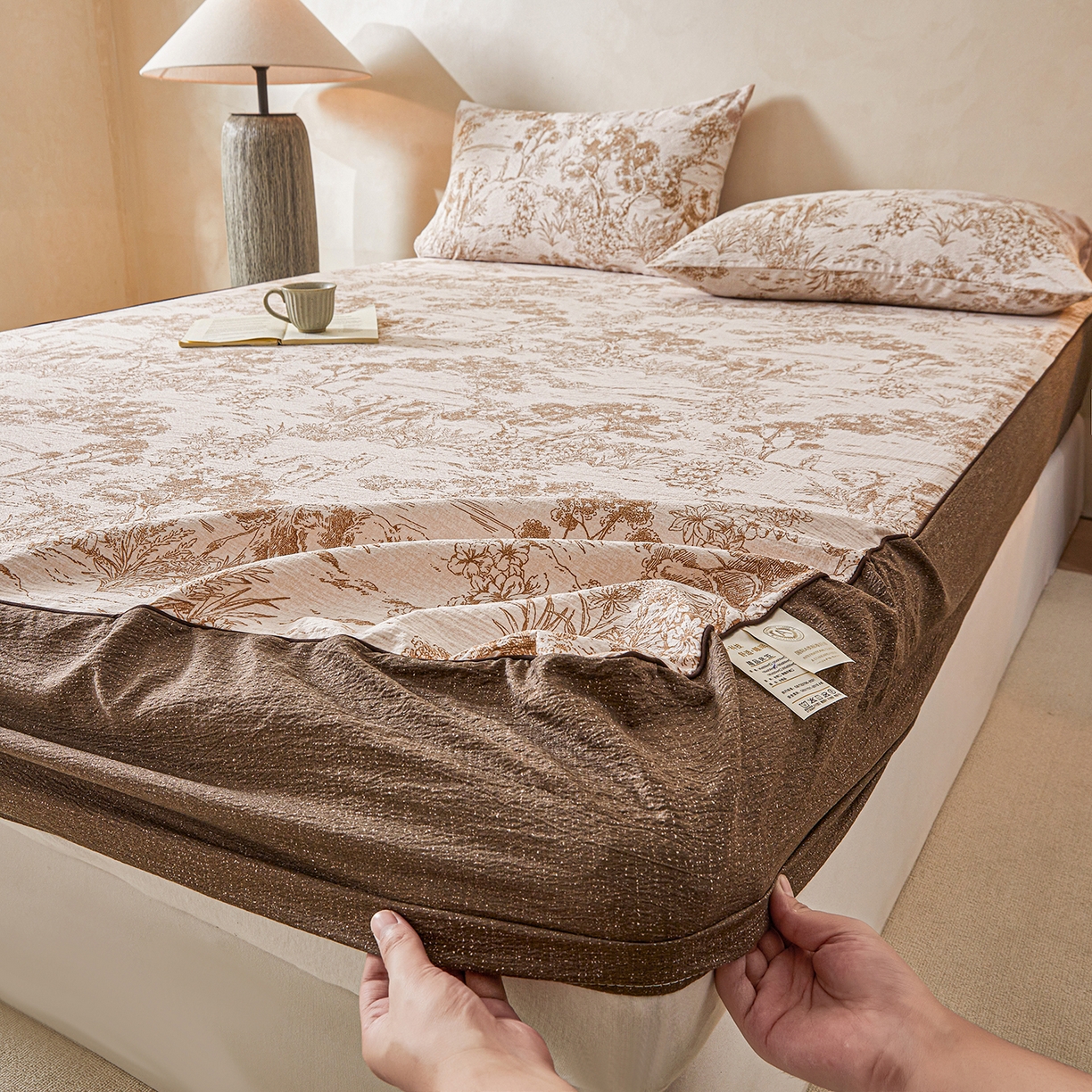 91家纺网 家纺一手货源 找家纺 笠裙家纺 2026新款云感水洗棉印花单床笠床笠单件 茶巷