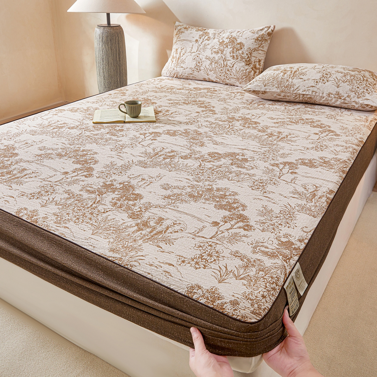 笠裙家纺 2026新款云感水洗棉印花单床笠床笠单件 茶巷