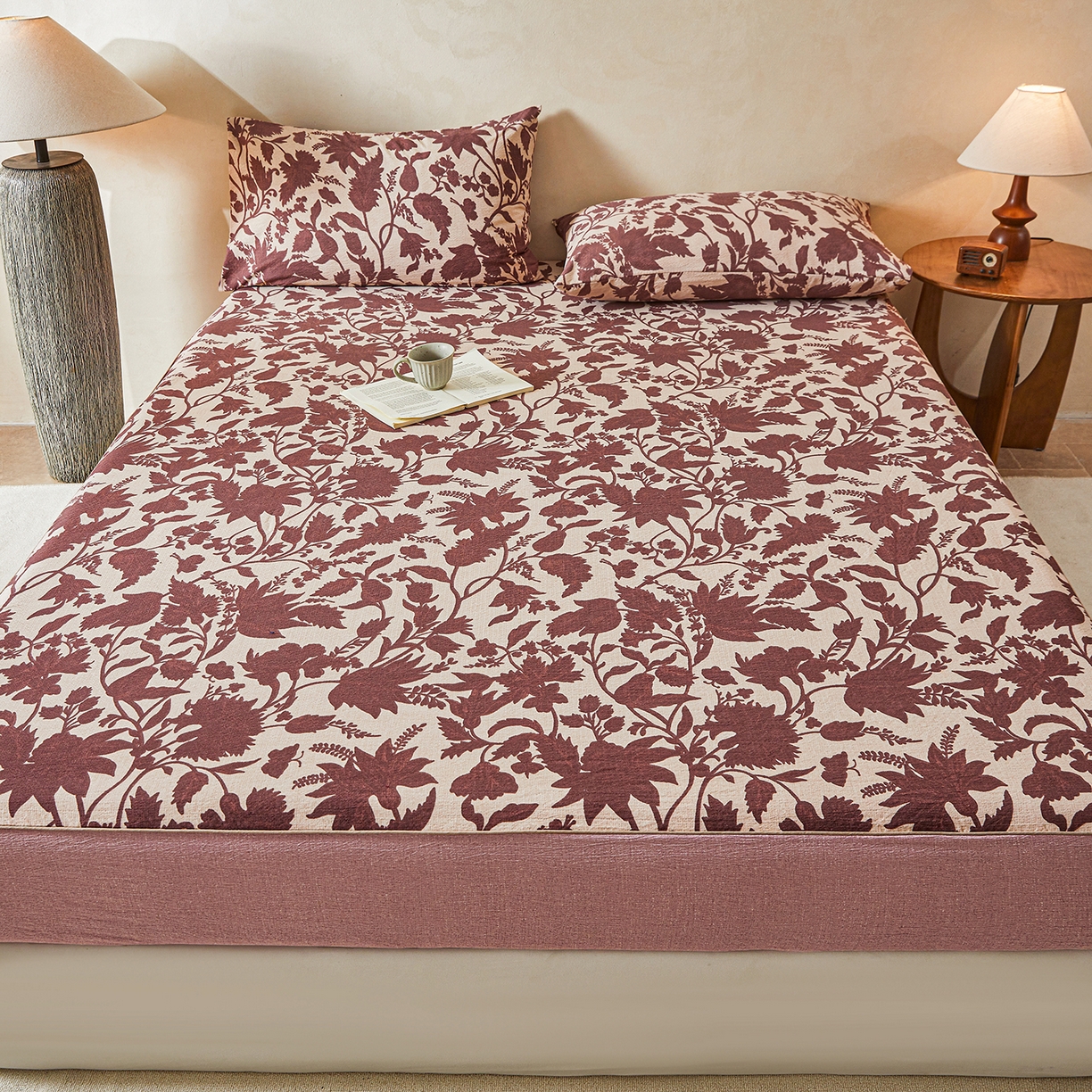 91家纺网 家纺一手货源 找家纺 笠裙家纺 2026新款云感水洗棉印花单床笠床笠单件 扶桑花-红