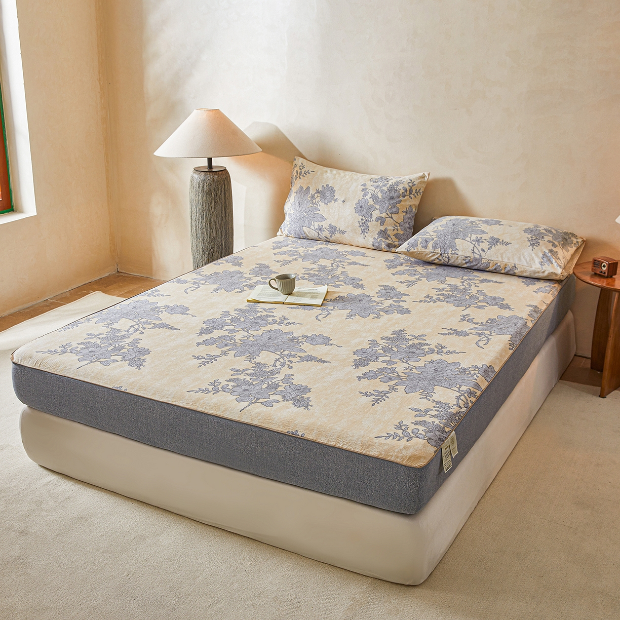 91家纺网 家纺一手货源 找家纺 笠裙家纺 2026新款云感水洗棉印花单床笠床笠单件 兰亭序-米白