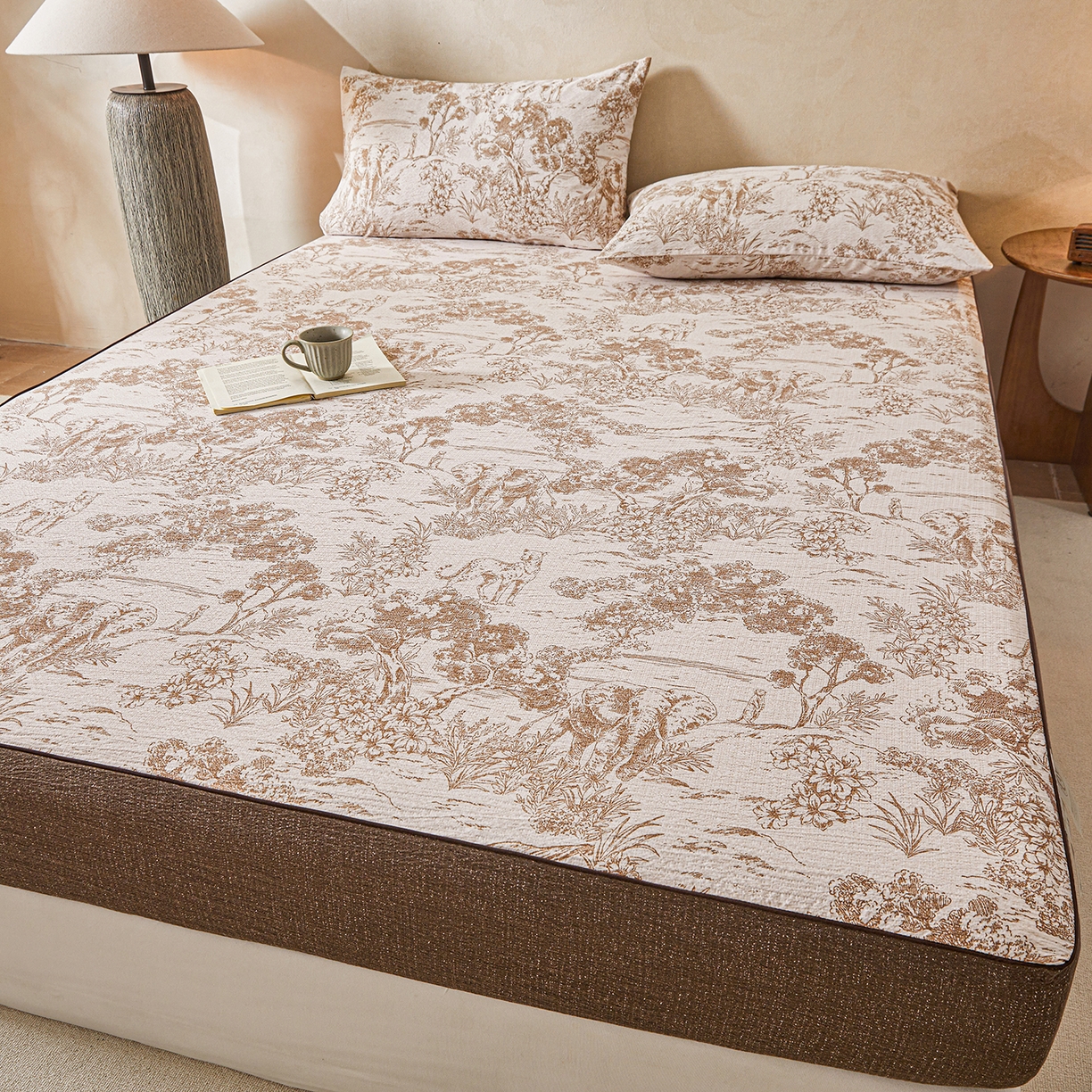 91家纺网 家纺一手货源 找家纺 笠裙家纺 2026新款云感水洗棉印花单床笠床笠单件 茶巷