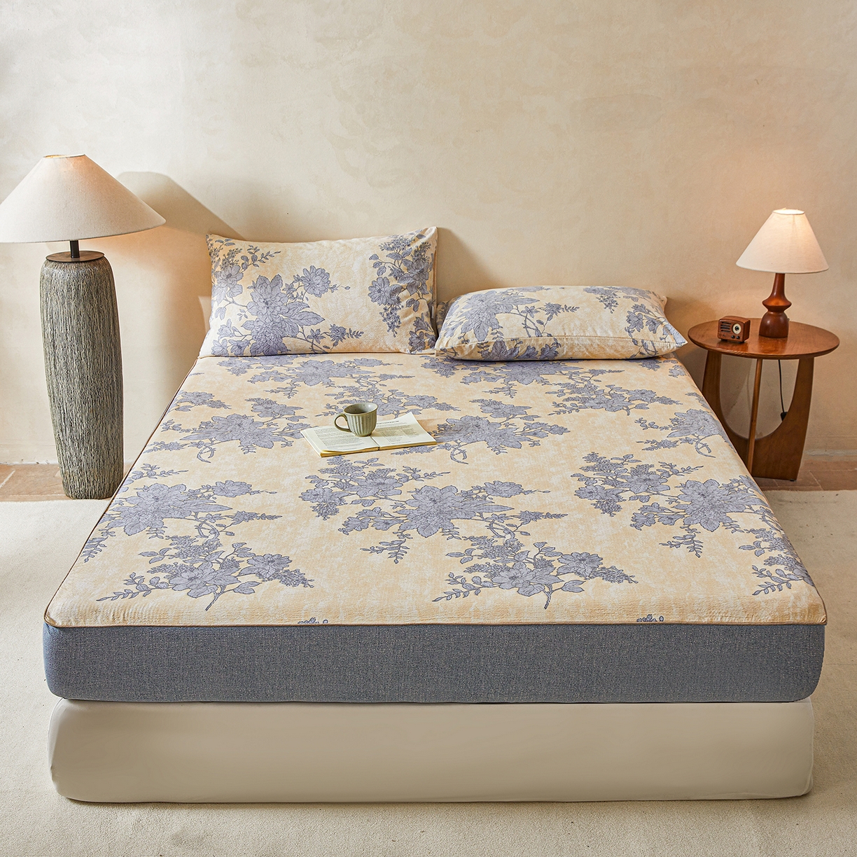 91家纺网 家纺一手货源 找家纺 笠裙家纺 2026新款云感水洗棉印花单床笠床笠单件 兰亭序-米白