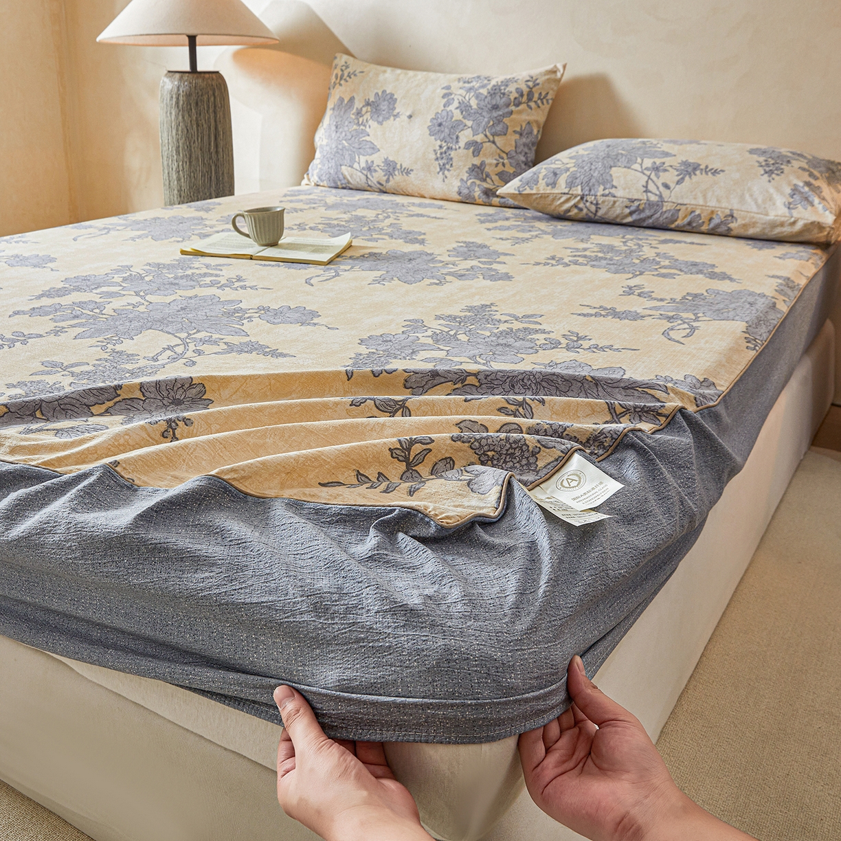 91家纺网 家纺一手货源 找家纺 笠裙家纺 2026新款云感水洗棉印花单床笠床笠单件 兰亭序-米白