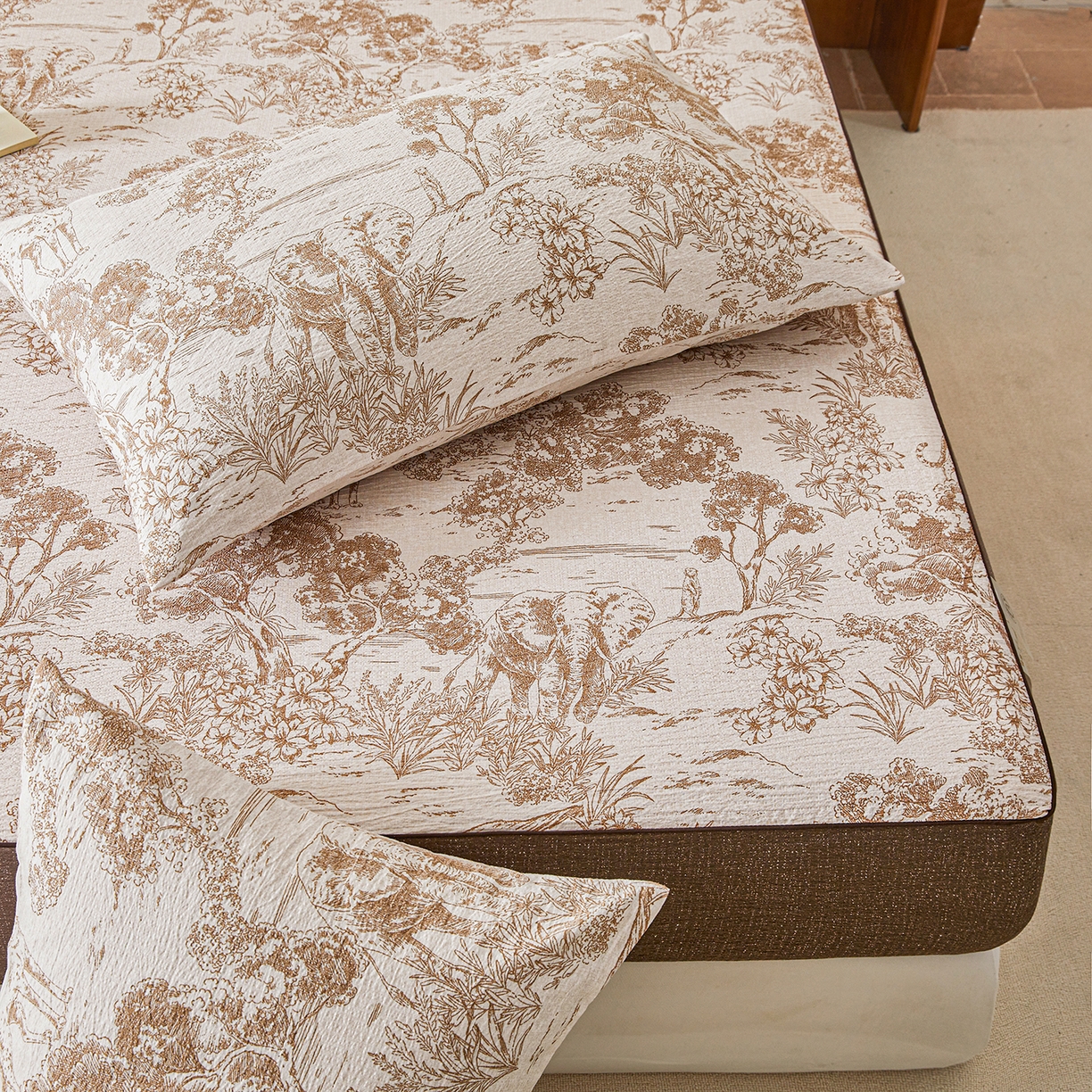 91家纺网 家纺一手货源 找家纺 笠裙家纺 2026新款云感水洗棉印花单床笠床笠单件 茶巷