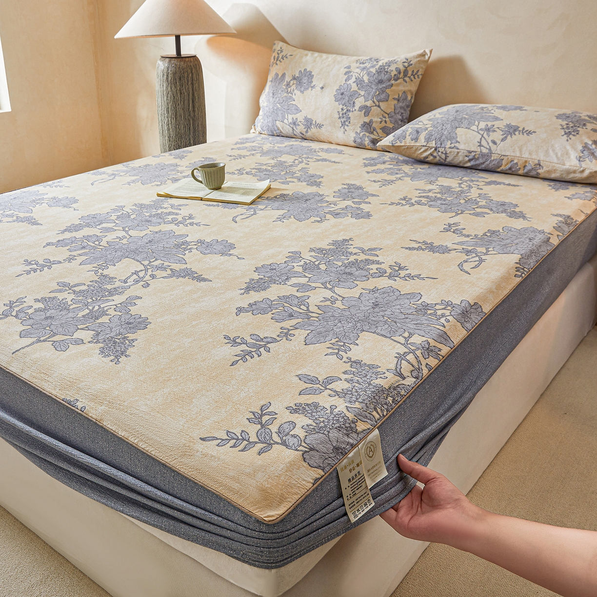 91家纺网 家纺一手货源 找家纺 笠裙家纺 2026新款云感水洗棉印花单床笠床笠单件 兰亭序-米白