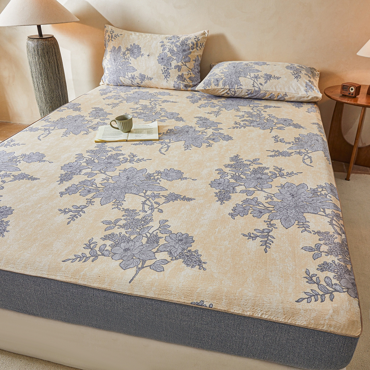 91家纺网 家纺一手货源 找家纺 笠裙家纺 2026新款云感水洗棉印花单床笠床笠单件 兰亭序-米白